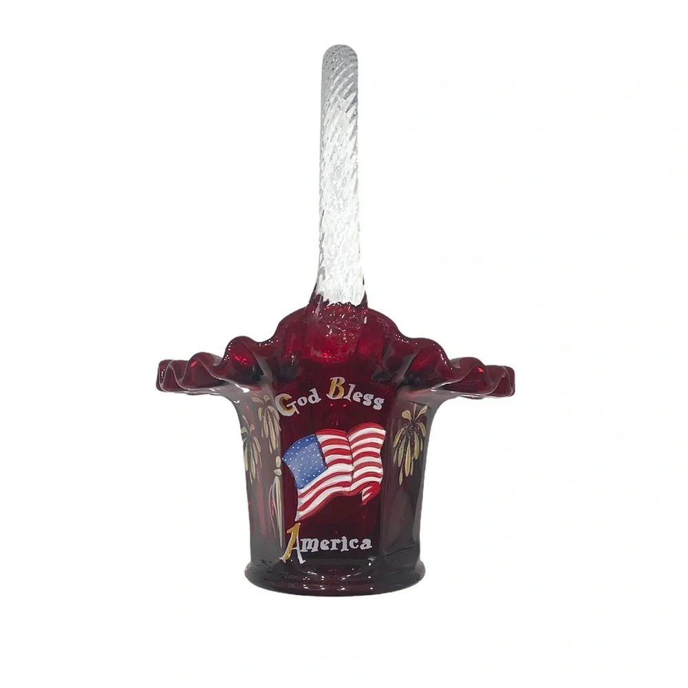 FENTON GOD BLESS AMERICA HAND PAINTED PATRIOTIC RED GLASS BASKET